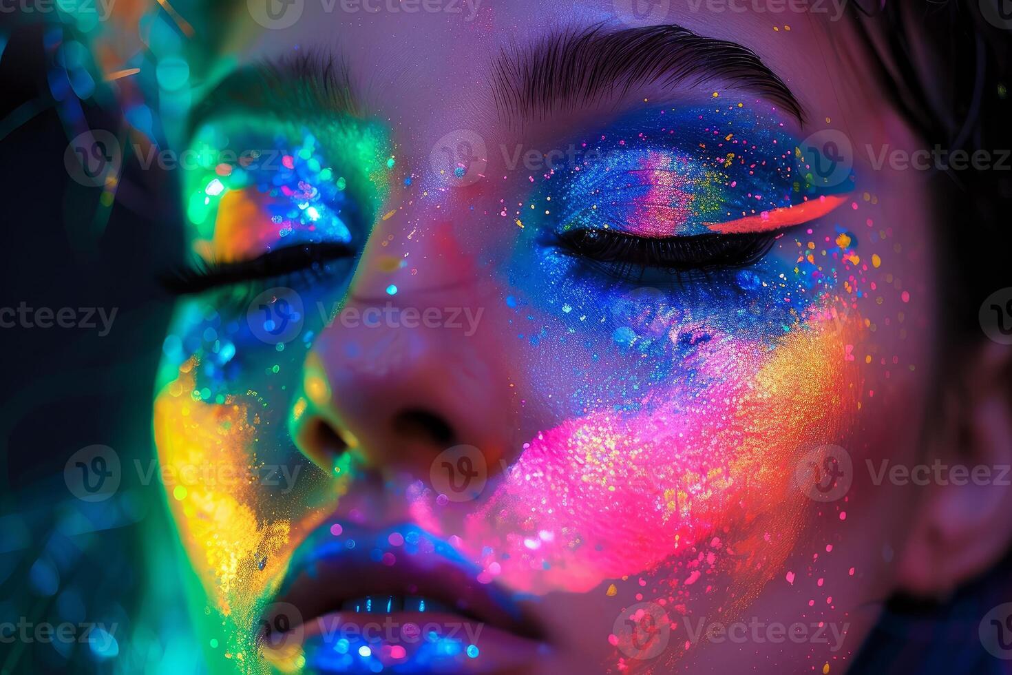 Model showing colorful fluorescent makeup under uv light photo