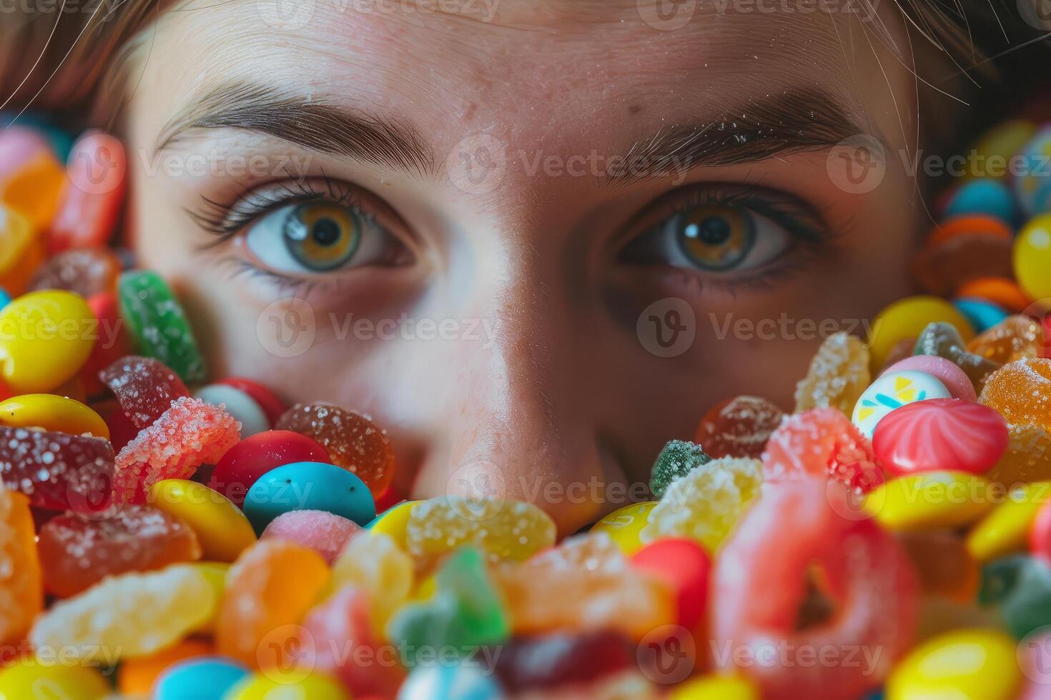 Girl hiding her face behind a pile of colorful candy photo