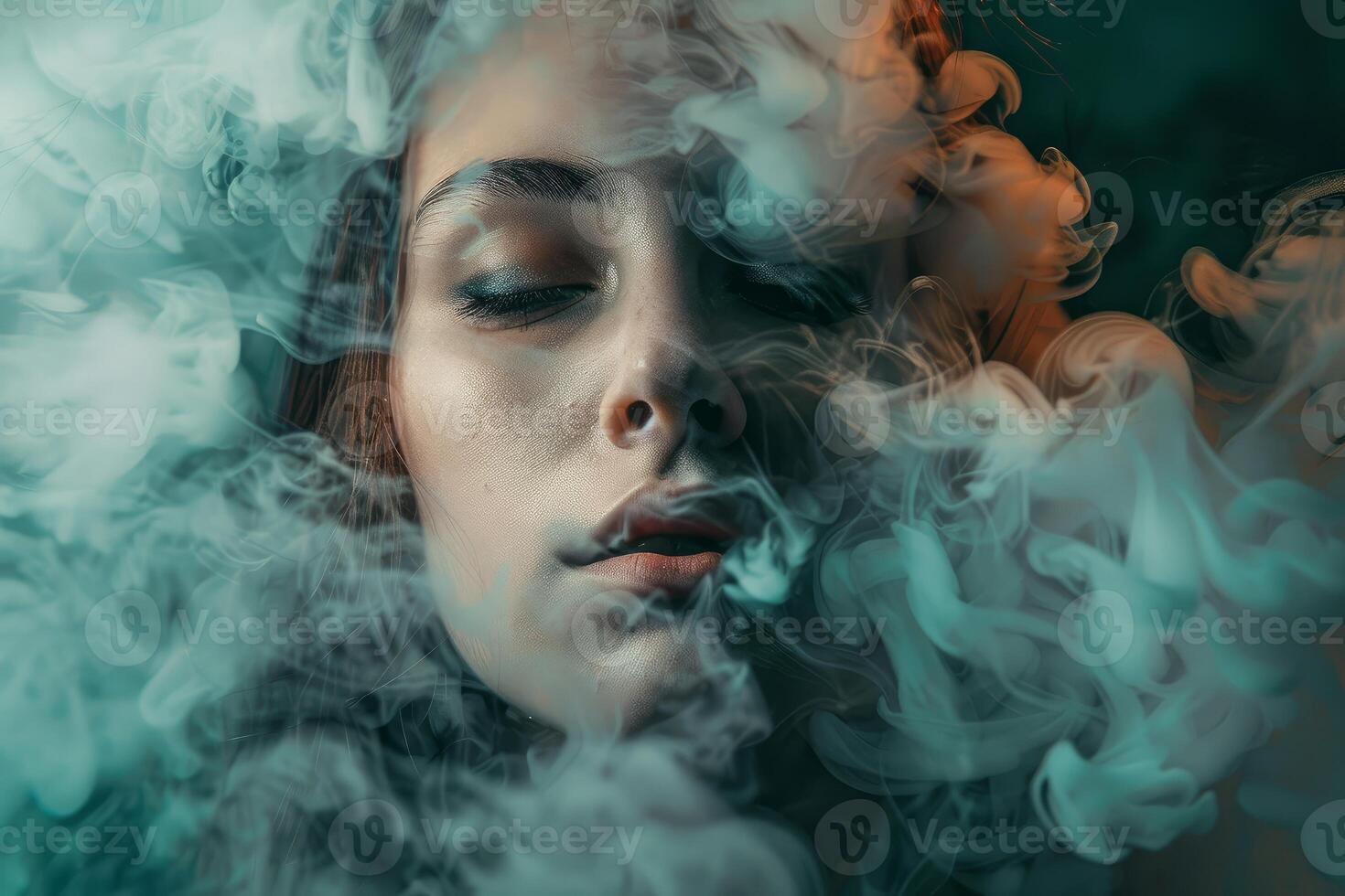 Young woman exhaling smoke with closed eyes, creating a mysterious atmosphere photo