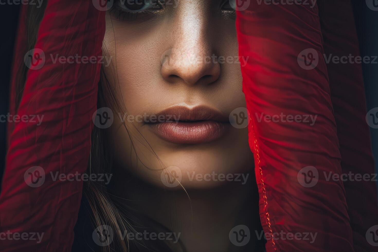 Mysterious woman hiding her face behind red veil photo