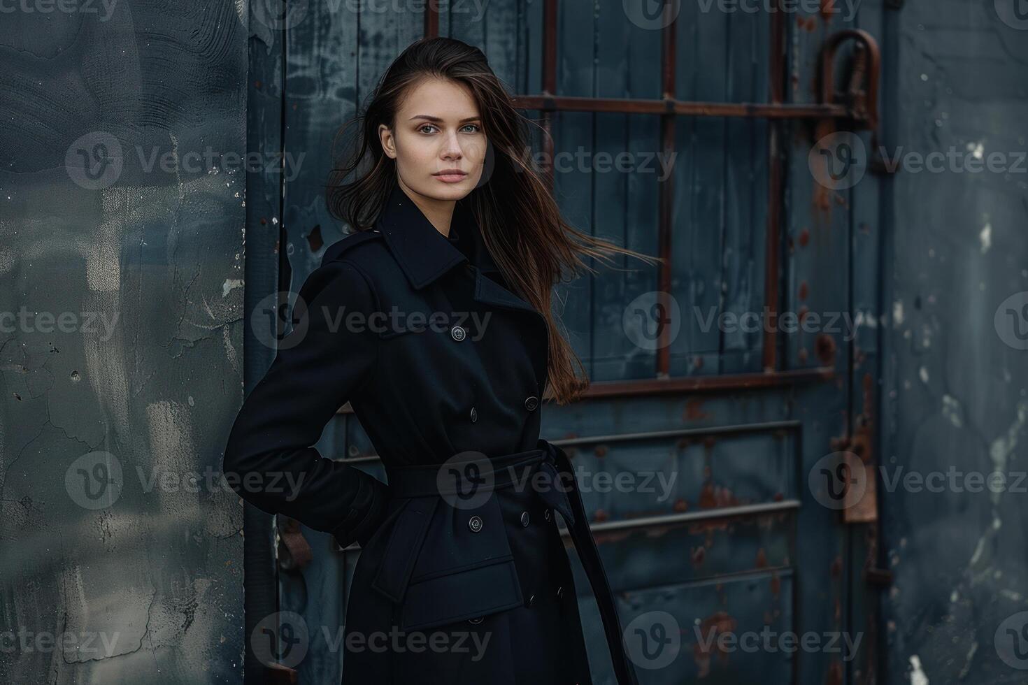 Fashion model posing in black trench coat near old door photo