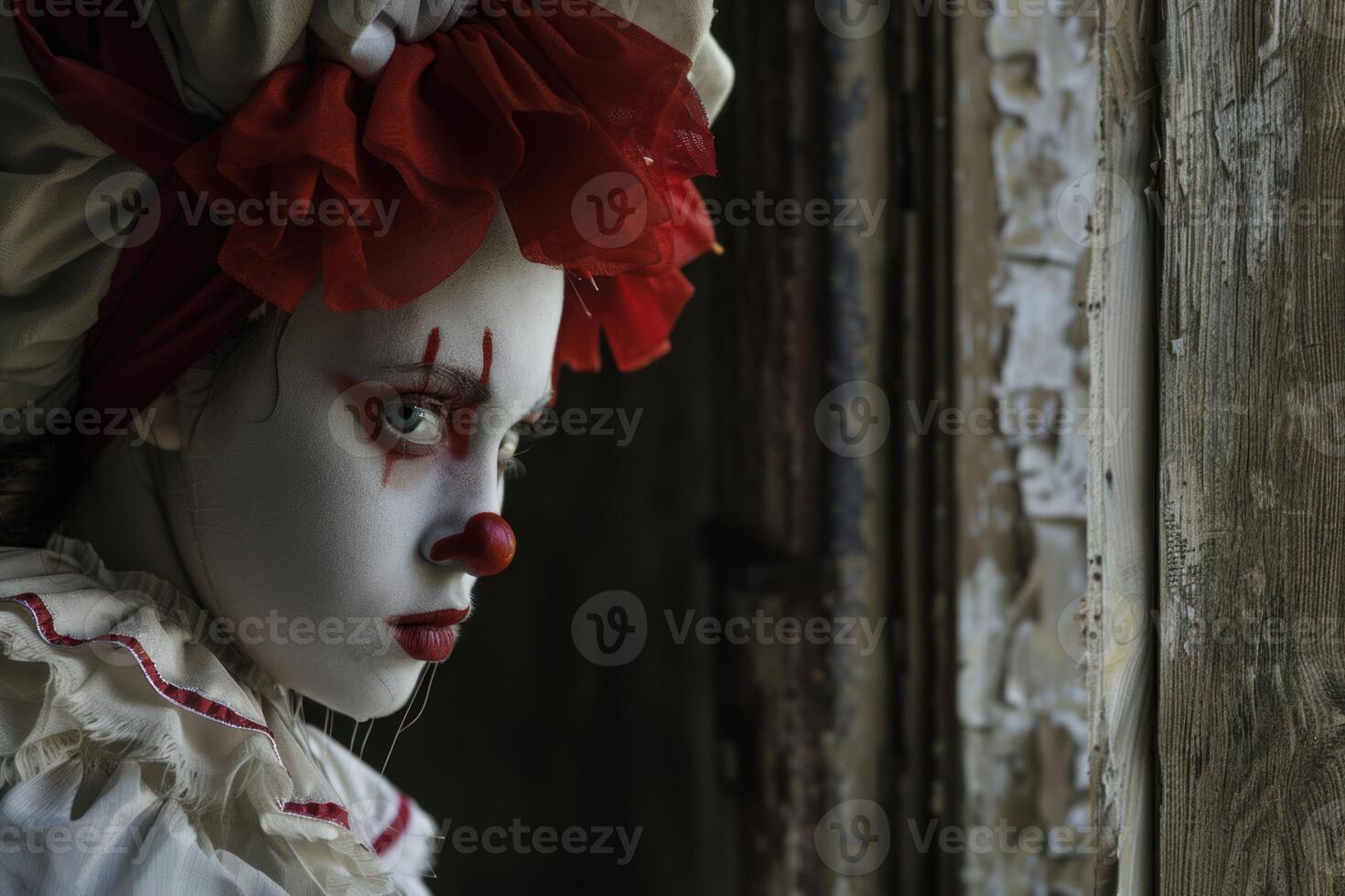 Scary clown posing in a haunted house photo