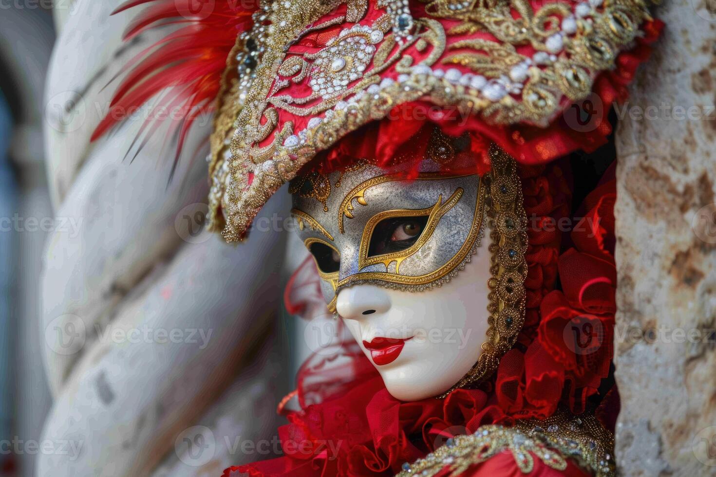 Venetian carnival mask with red and gold decorations and feathers photo