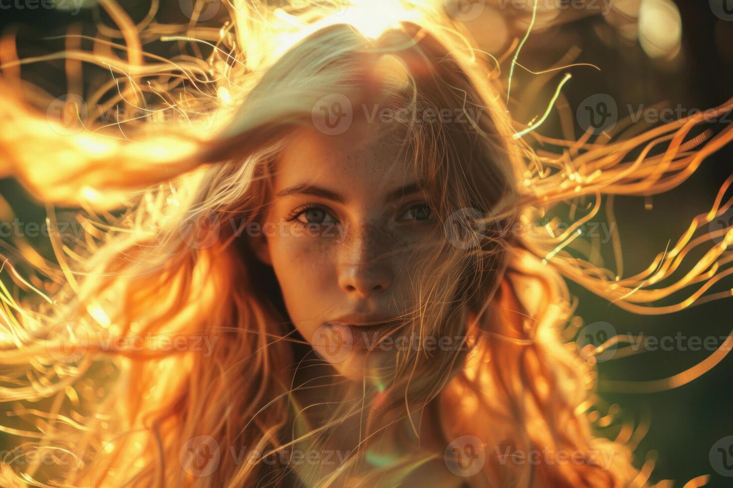 Young woman with long blonde hair illuminated by sunlight outdoors photo