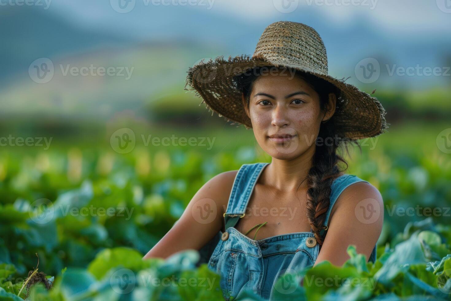 Young female farmer working in a green field of crops photo