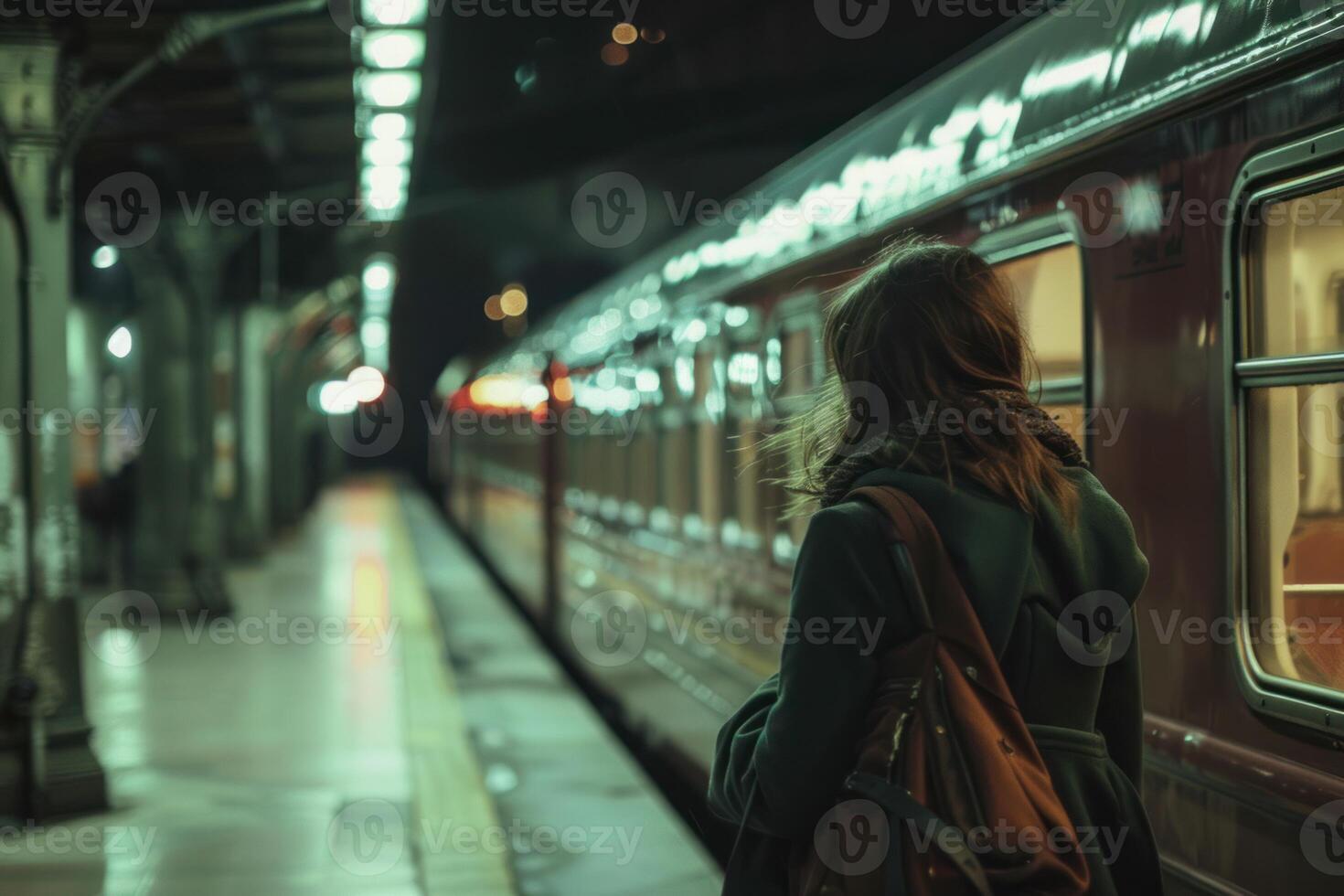 Young woman waiting for train at night on platform photo