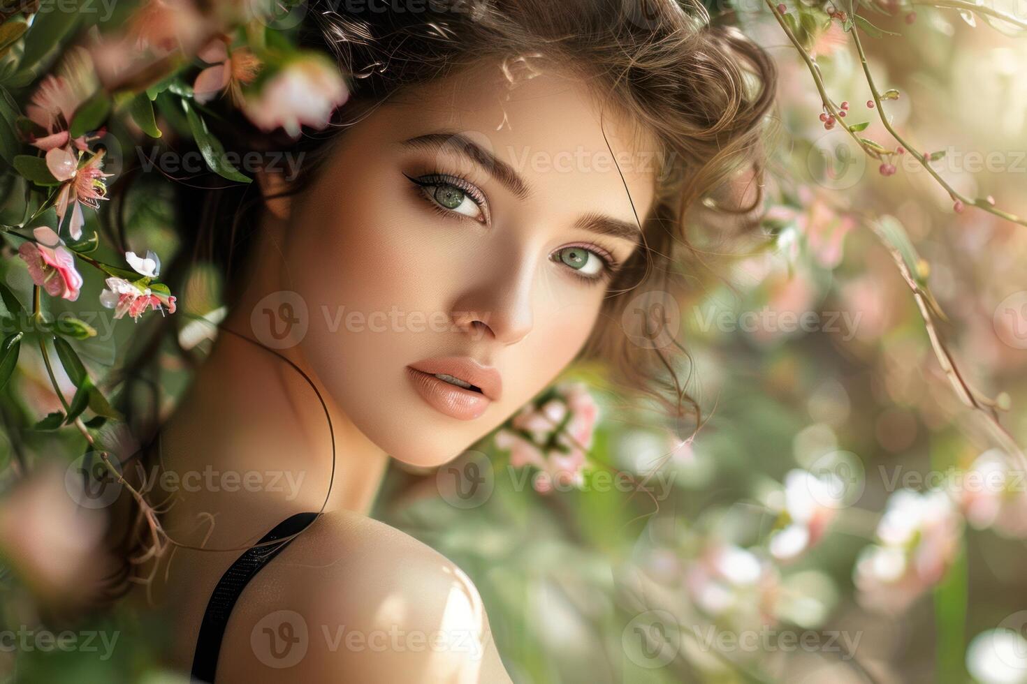 Beautiful model posing with spring blossom branches in a photoshoot photo