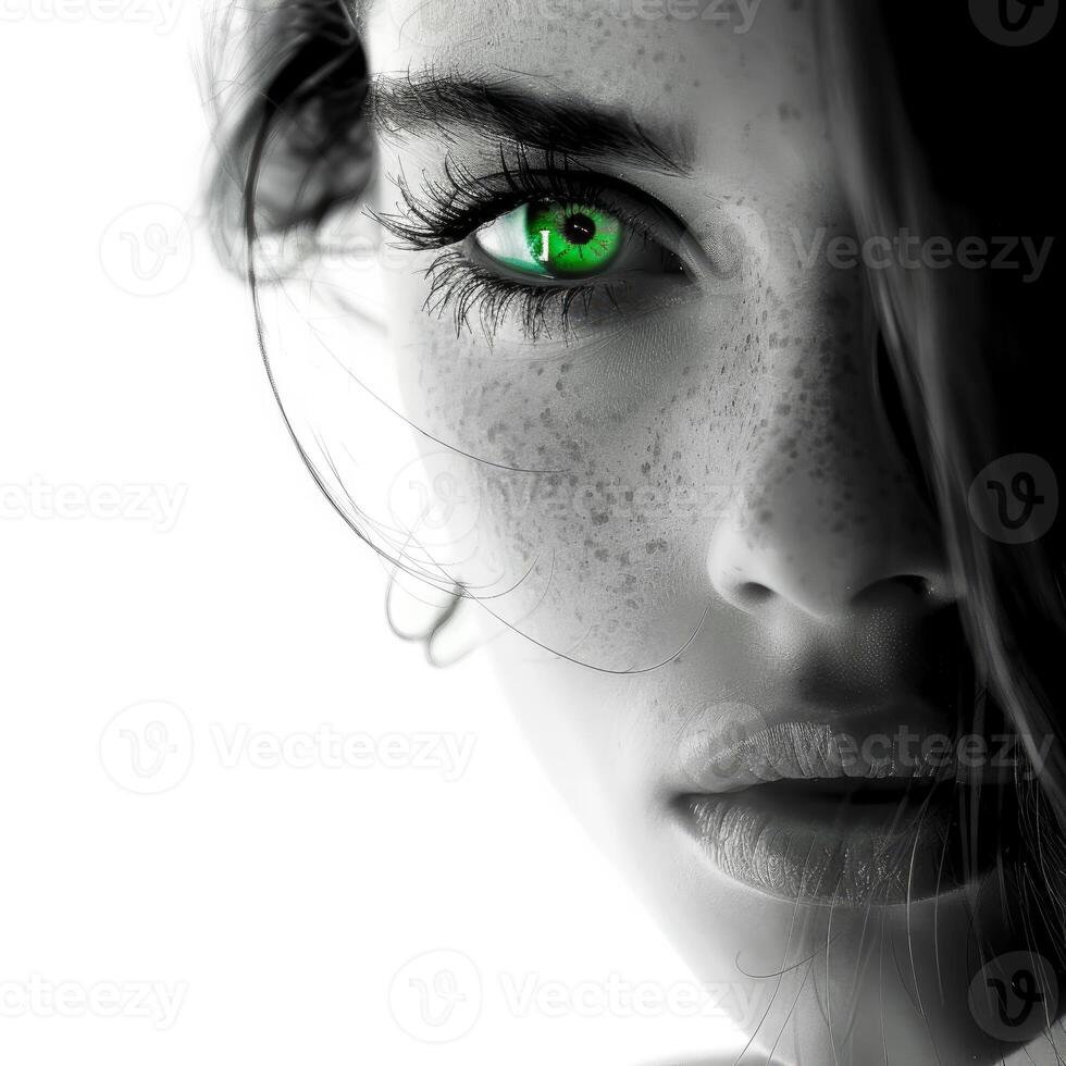 Woman with bright green eyes and freckles showing confidence and mystery photo