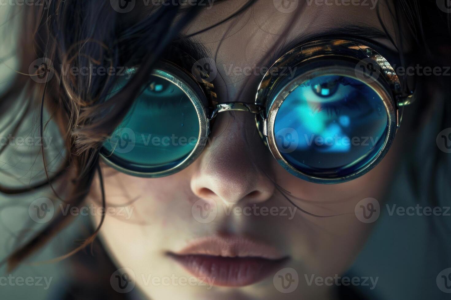 Cyberpunk woman wearing steampunk goggles with blue lenses photo
