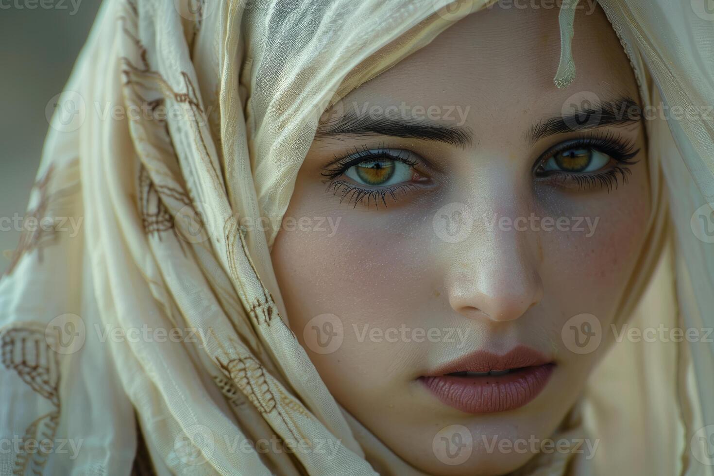 Portrait of middle eastern woman wearing hijab showing green eyes photo