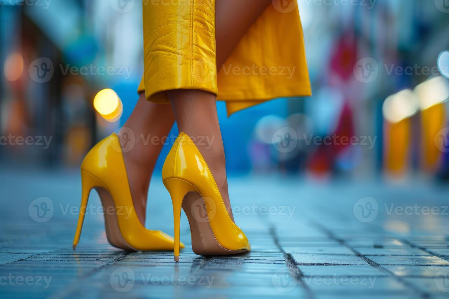 Fashionable woman wearing yellow high heels and pants walking on city street photo