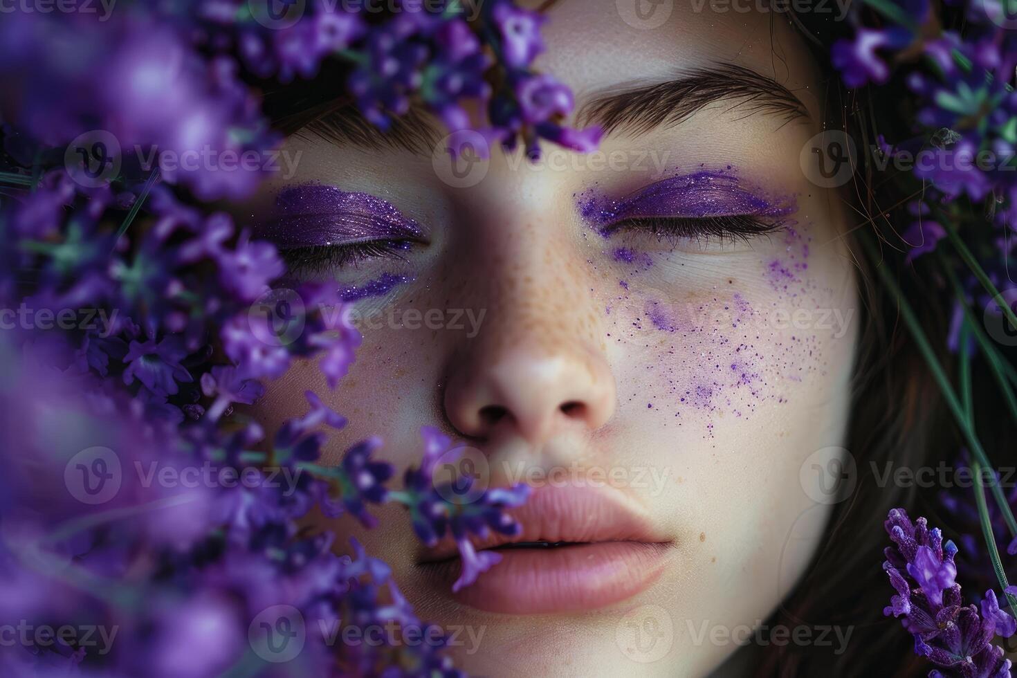 Beautiful model with purple lavender makeup posing with closed eyes and flowers around her face photo