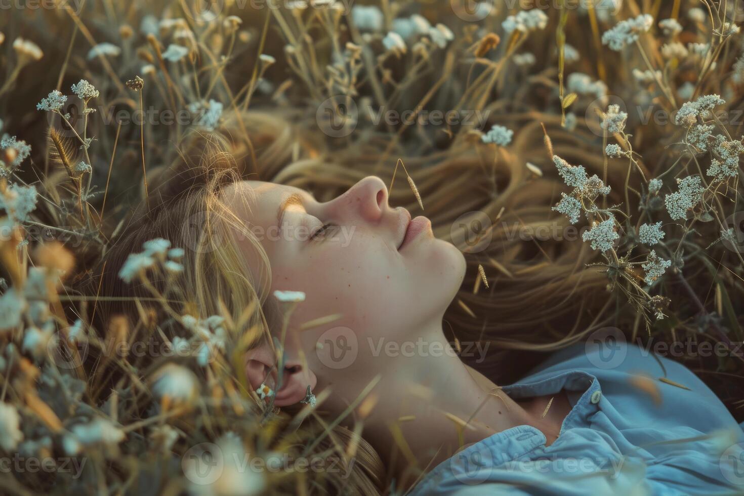 Young blonde woman sleeping peacefully in wildflowers field during golden hour photo