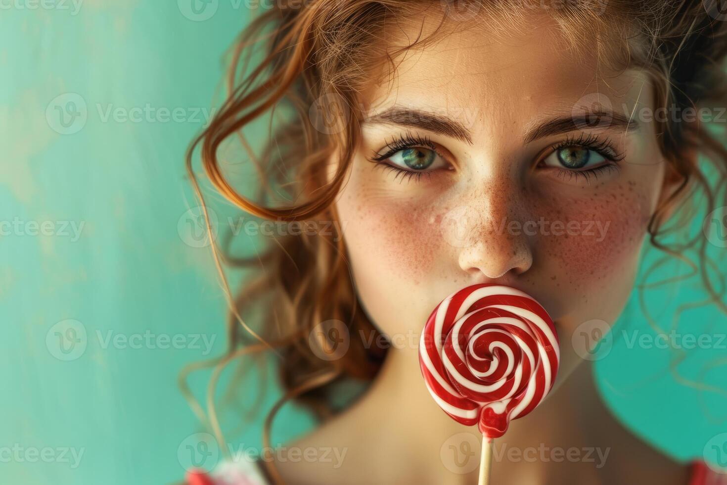 Freckled model eating red and white swirl lollipop on turquoise background photo