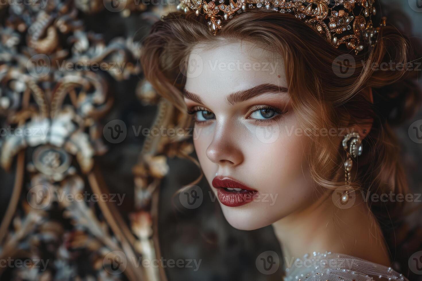 Princess wearing golden crown and pearl earrings posing in palace photo