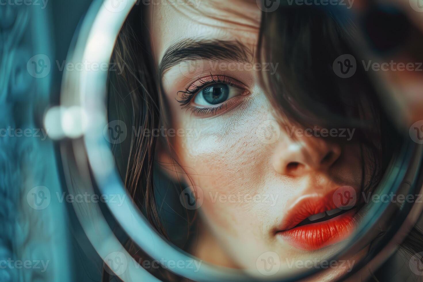 Model observing herself in round mirror with serious expression photo