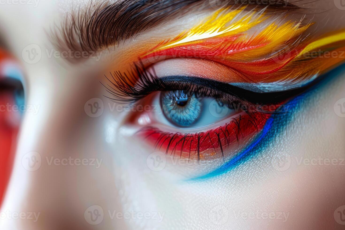 Woman showing creative carnival makeup with feathers and bright colors photo