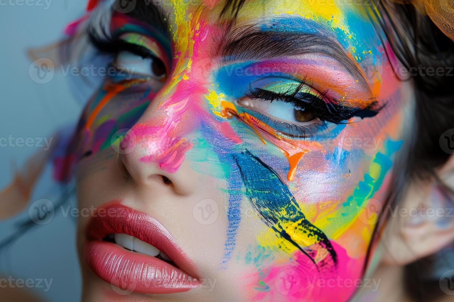 Model showing colorful makeup and long eyelashes looking away photo