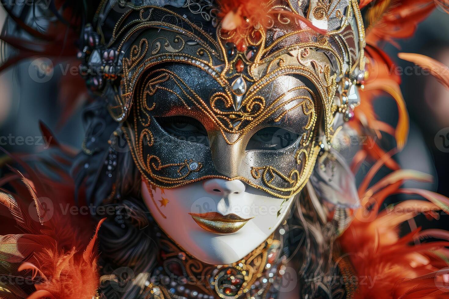 Mysterious woman wearing elaborate venetian carnival mask with orange feathers photo
