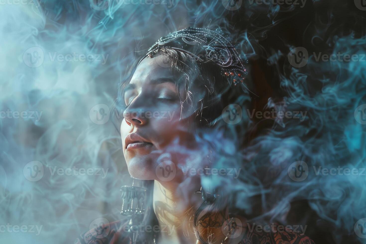 Fortune teller performing divination ritual surrounded by smoke photo