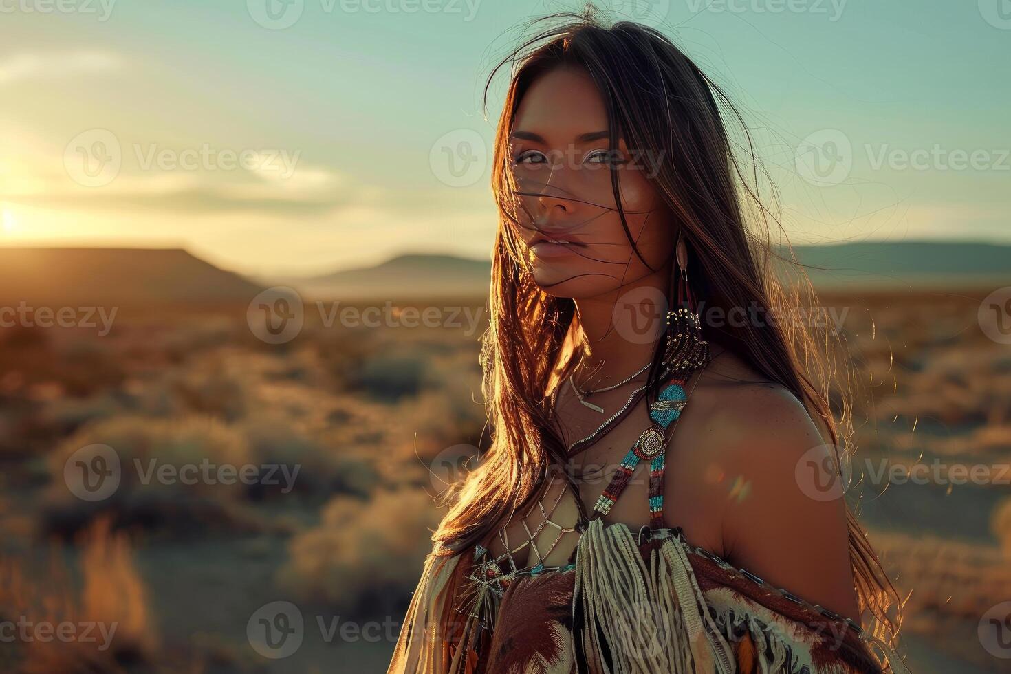 Indigenous woman wearing traditional clothes posing in the desert at sunset photo
