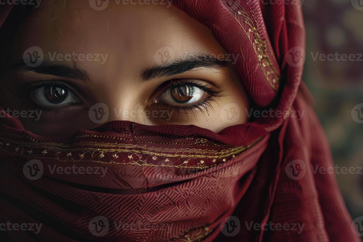 Muslim woman wearing red hijab covering face photo