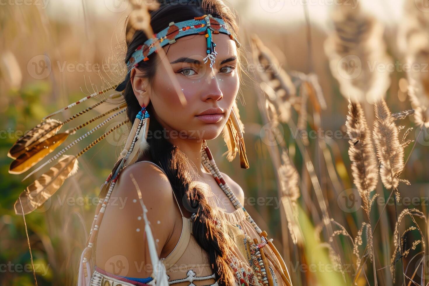 Indigenous woman wearing traditional headdress and clothing posing in a field at sunset photo