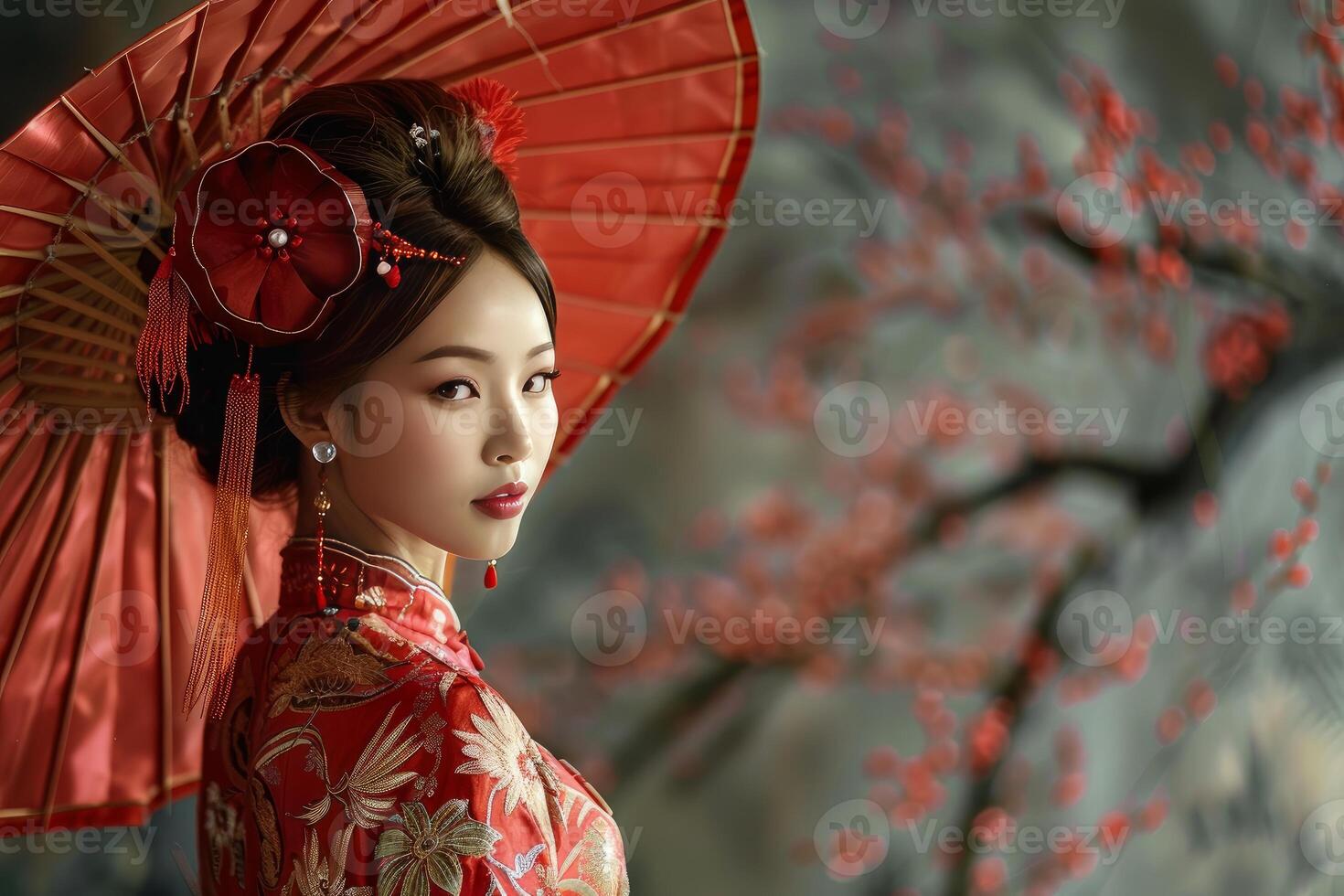 Beautiful chinese woman wearing traditional red dress holds umbrella photo