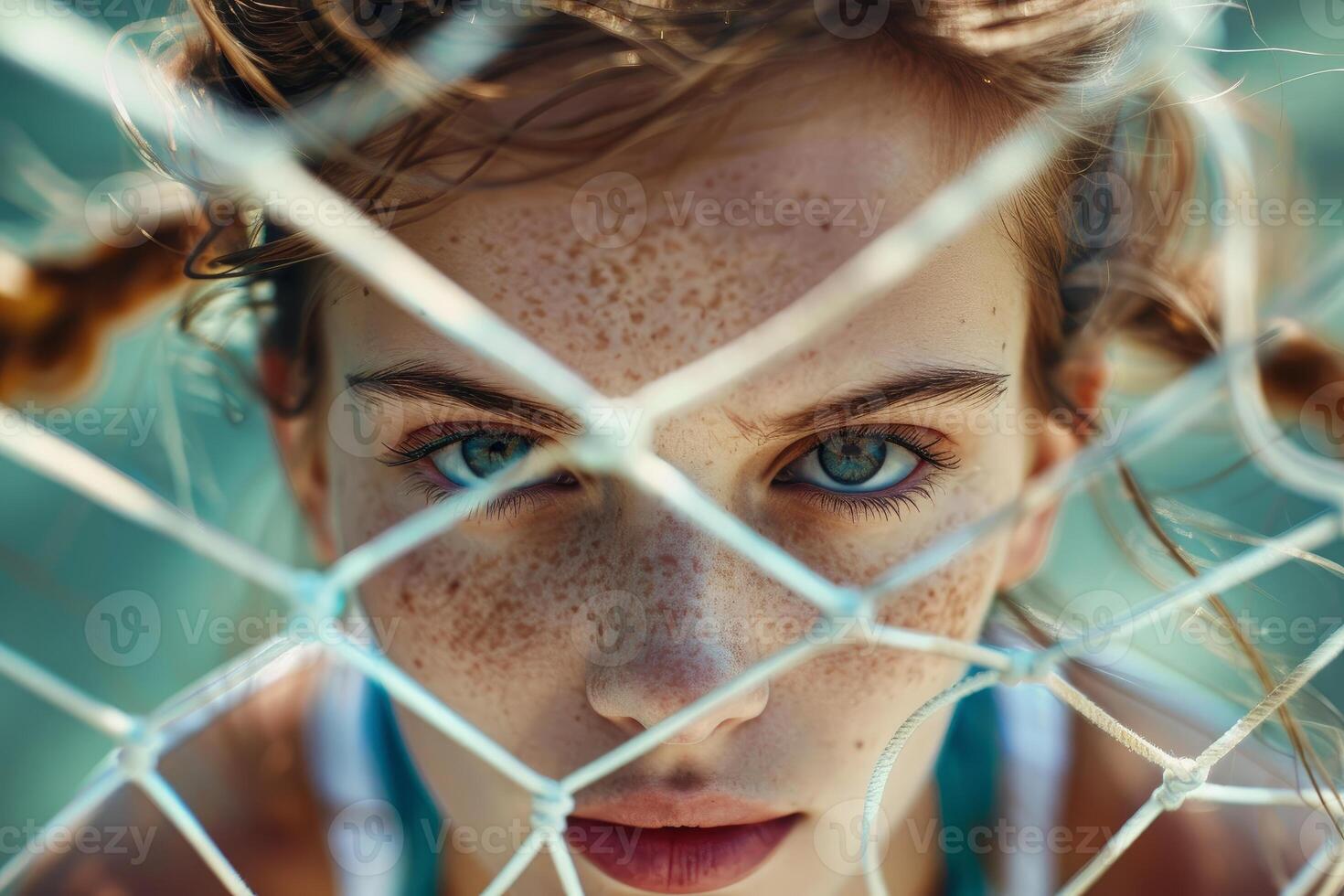 Freckled model posing behind net with intense gaze photo