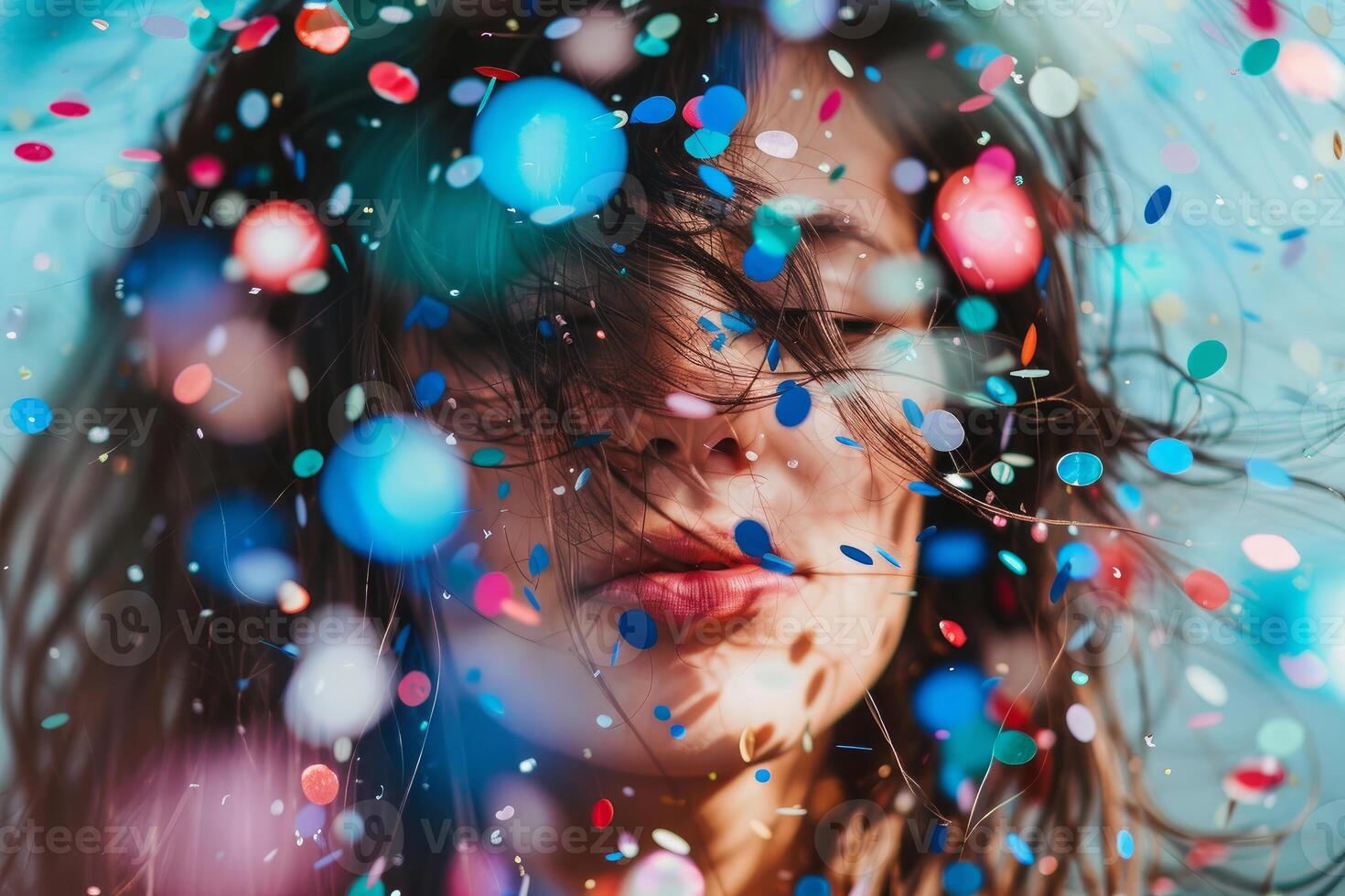 Young woman enjoying falling confetti during festive celebration photo