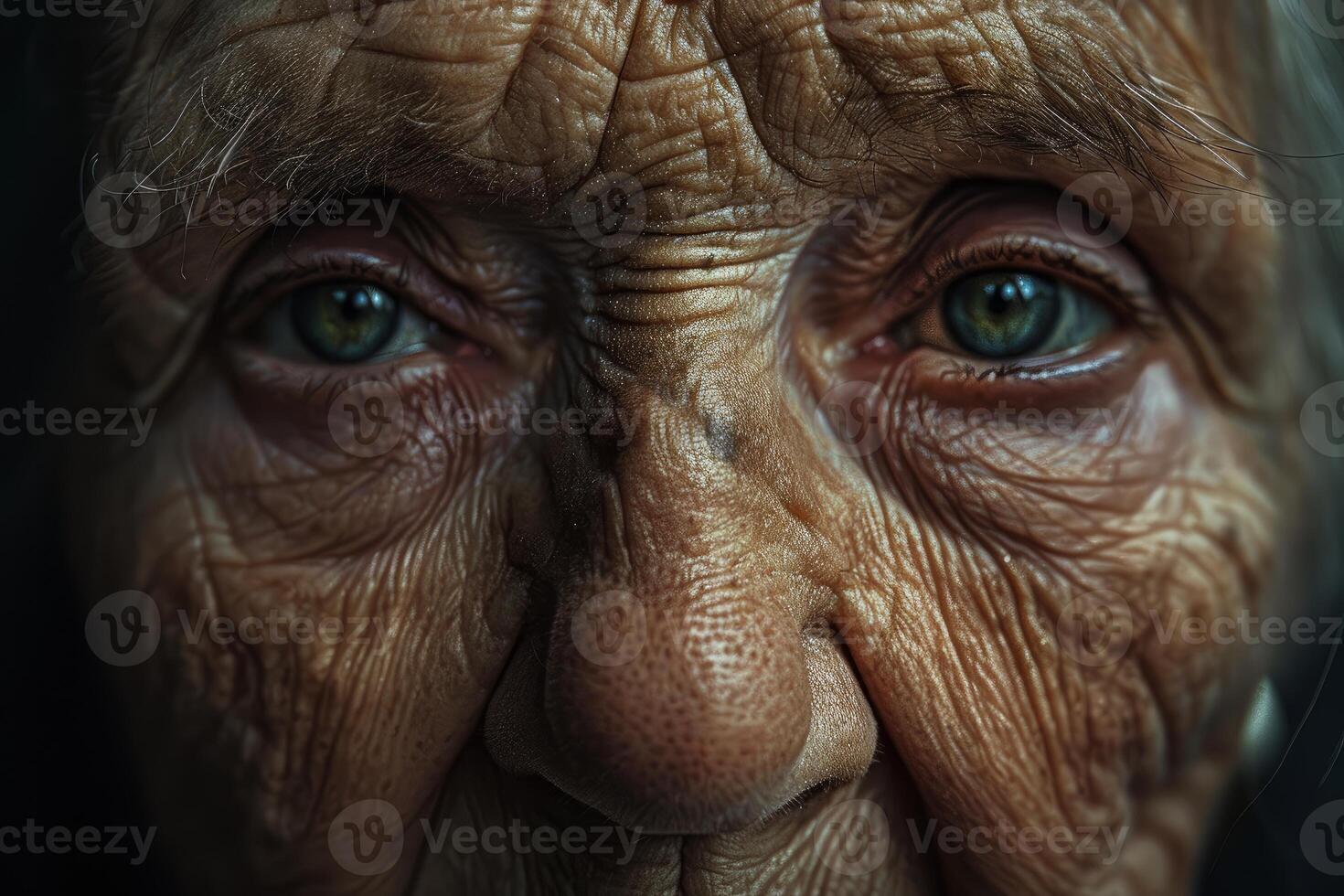 Close up portrait of senior woman showing wrinkles and aging process photo