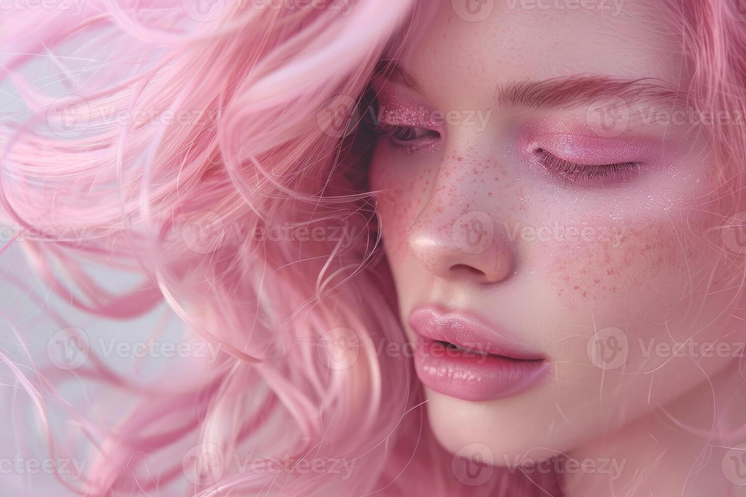 Model posing with pink hair and glitter makeup for a beauty portrait photo