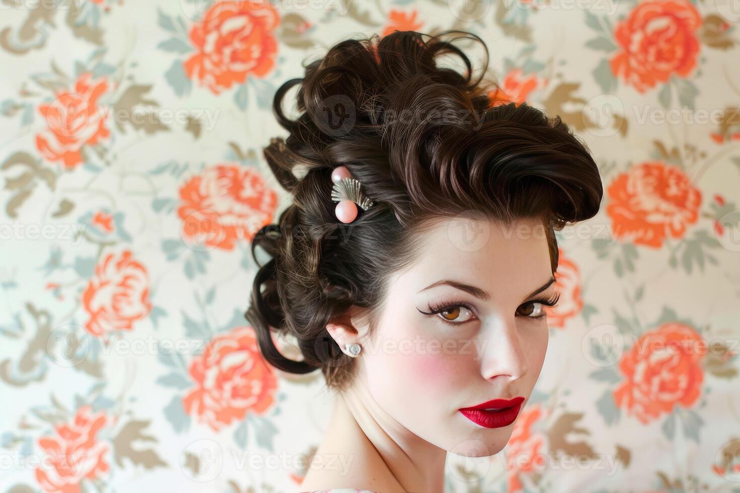 Model showing retro hairstyle with floral wallpaper background photo