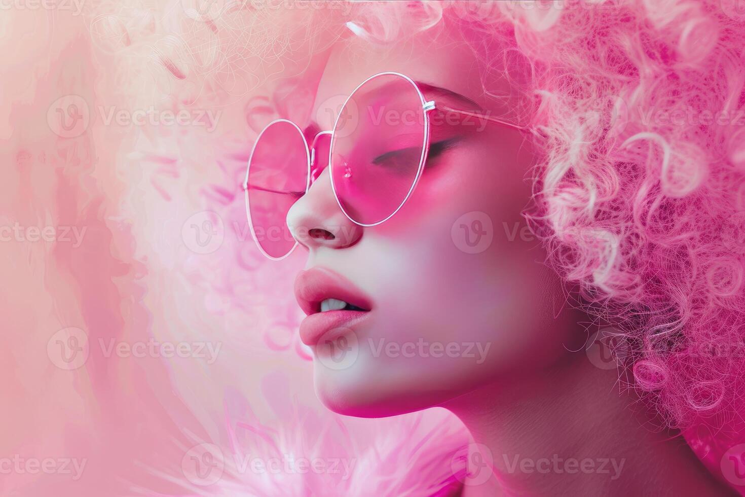 Fashionable woman with pink afro and sunglasses photo