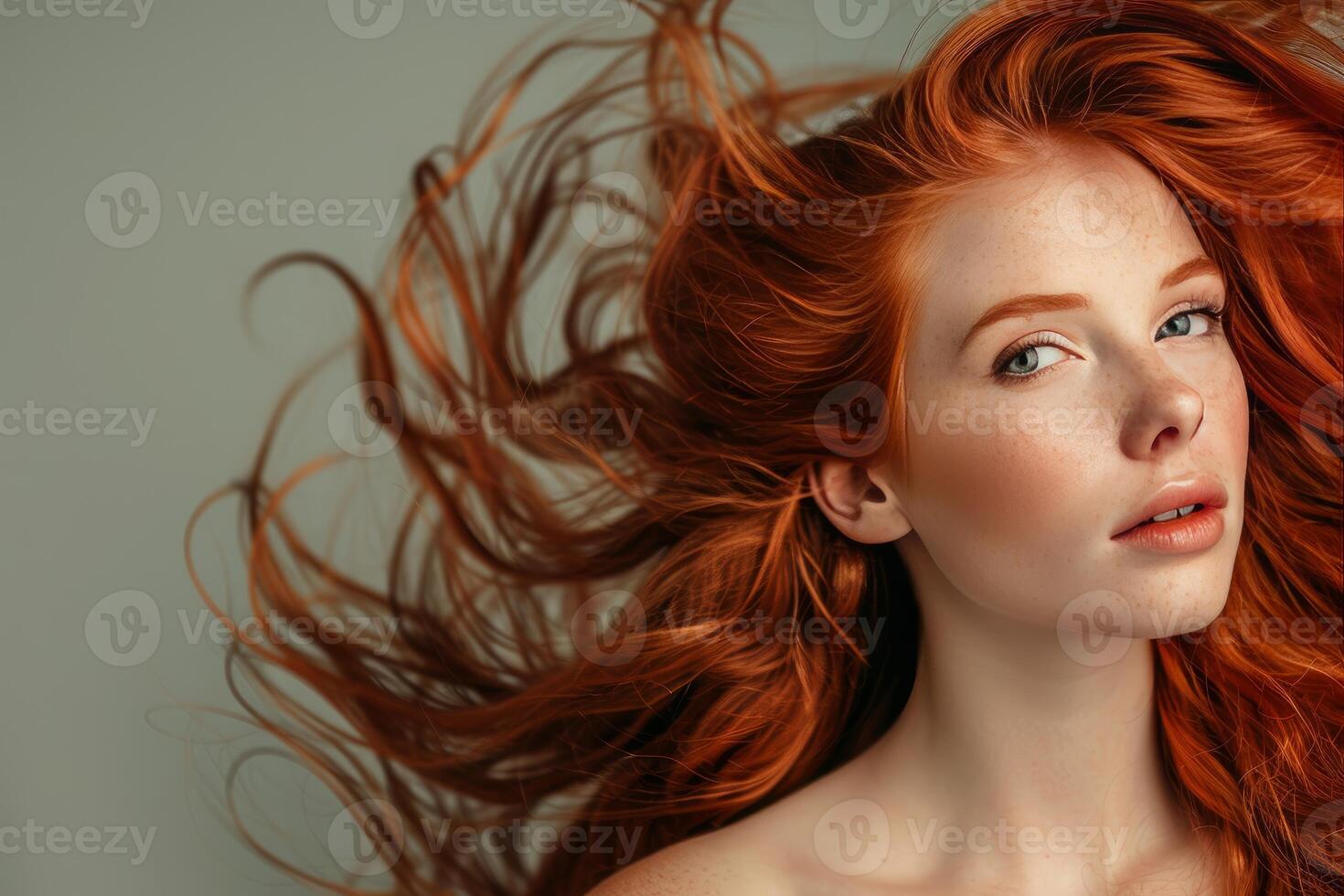 Redhead model with long flowing hair showing movement and freckles photo