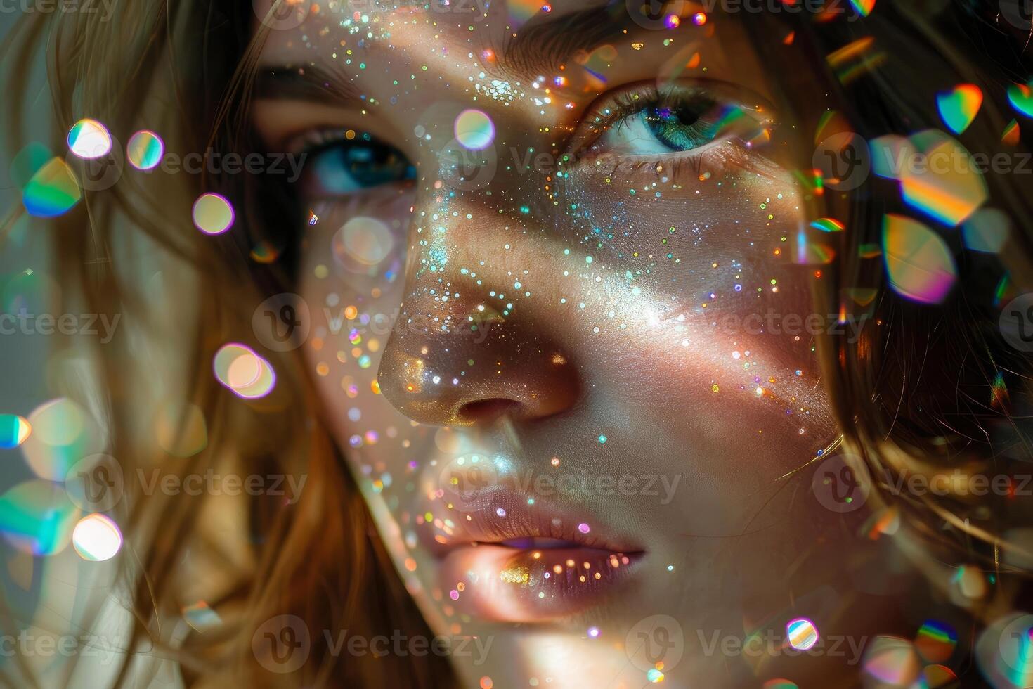 Beautiful woman with glittering face makeup posing under rainbow light beams photo