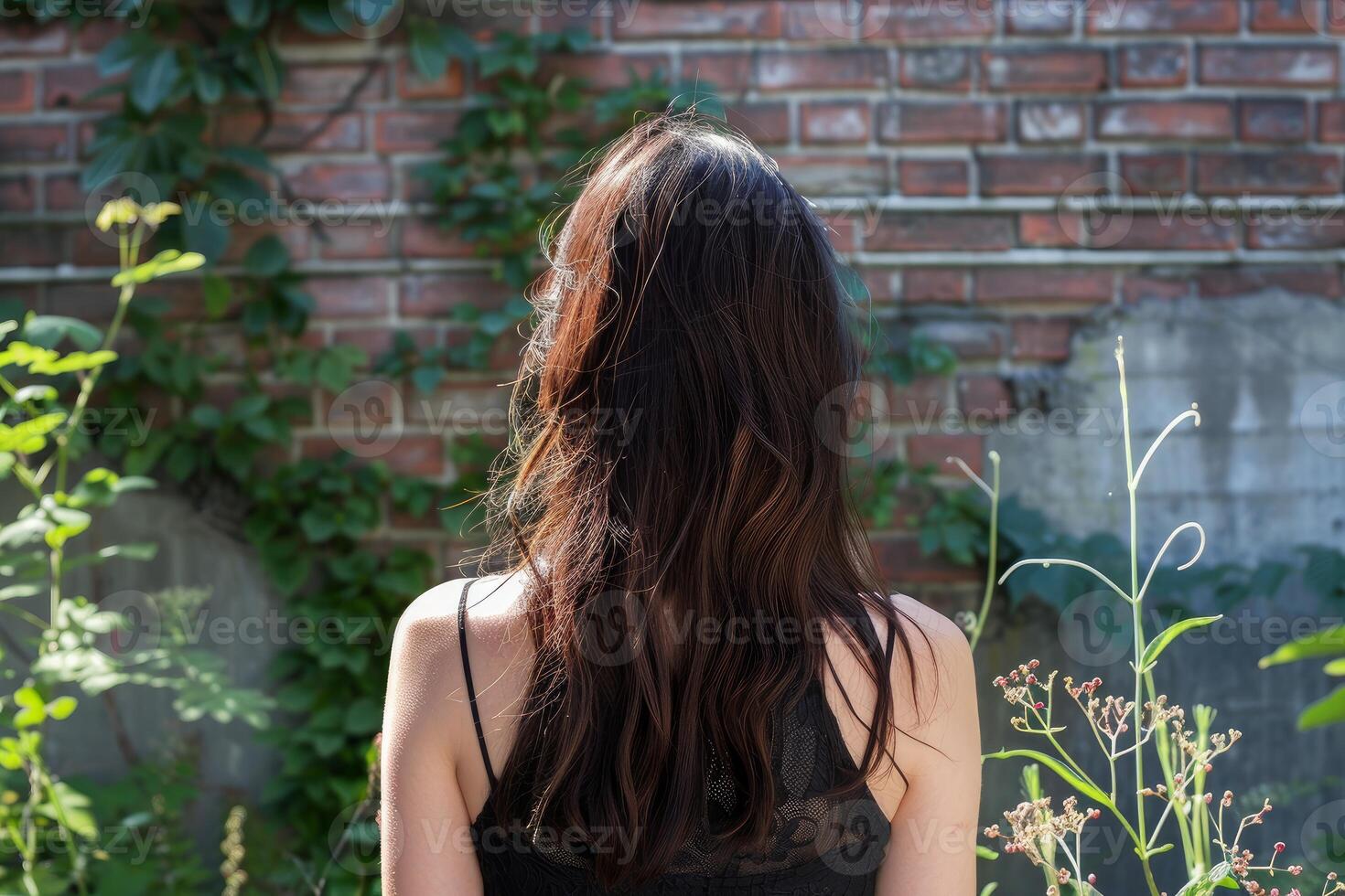 Young woman contemplating brick wall in lush garden setting photo