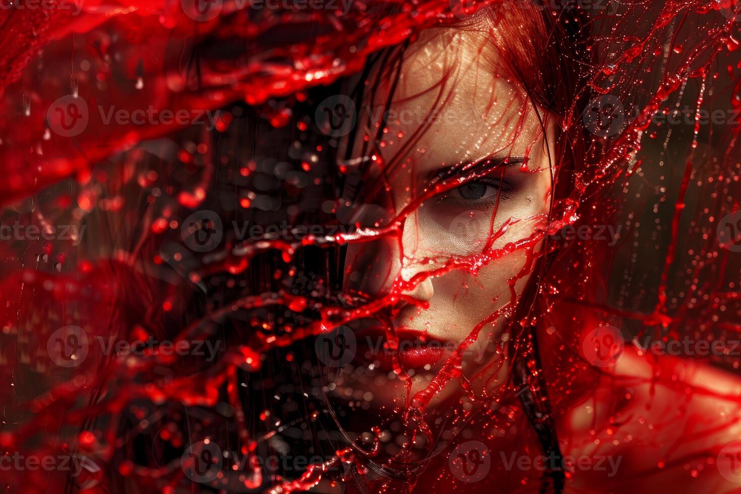 Woman with red lipstick posing behind splashing red liquid photo