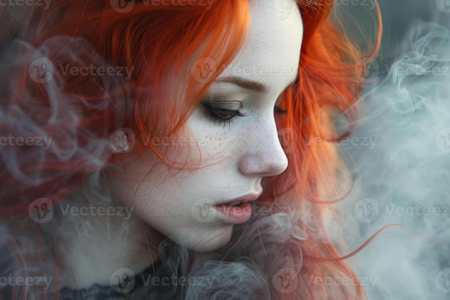 Redhead model posing with smoke and freckles showing photo
