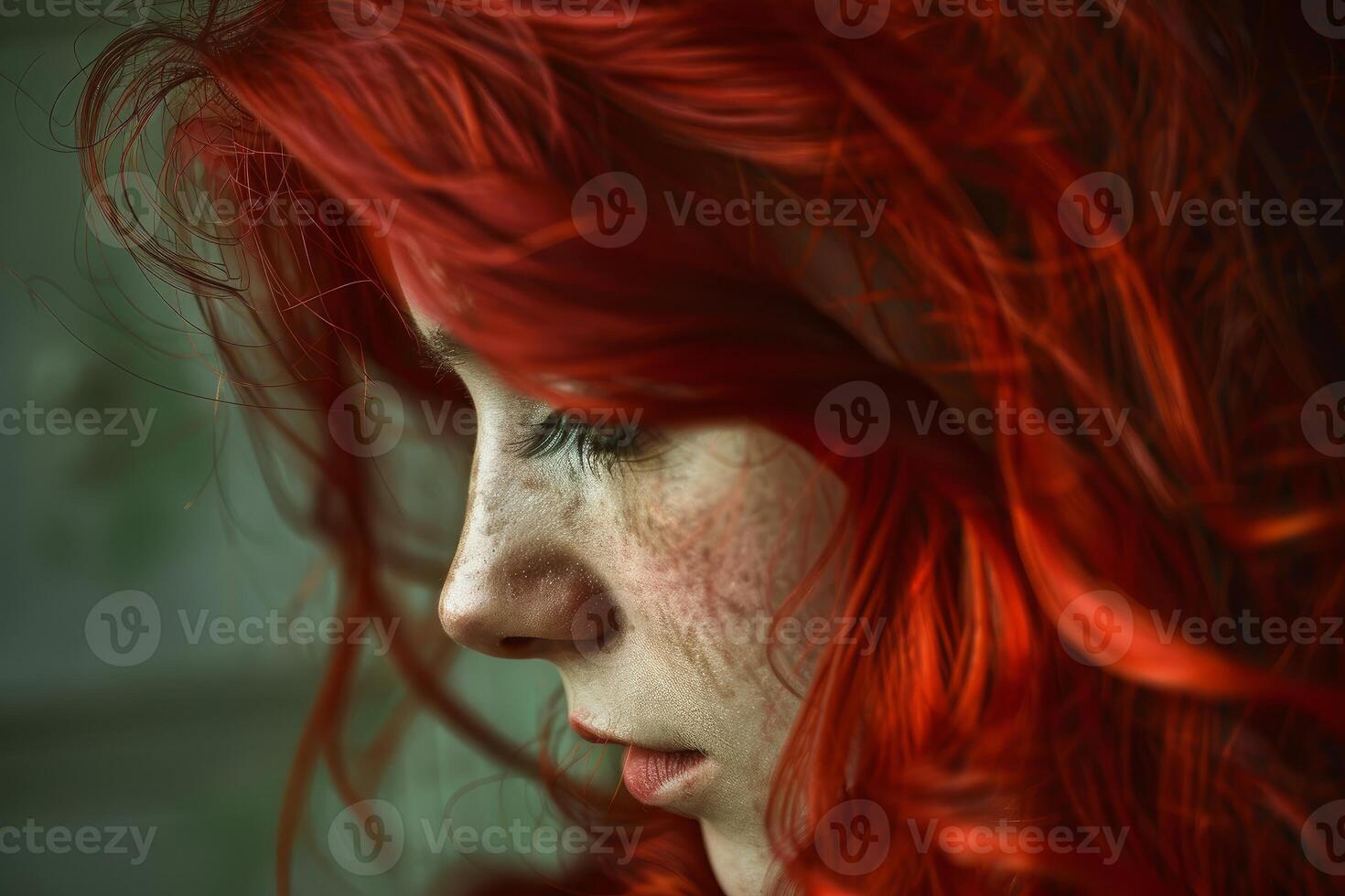 Redhead woman with freckles looking down showing sadness photo