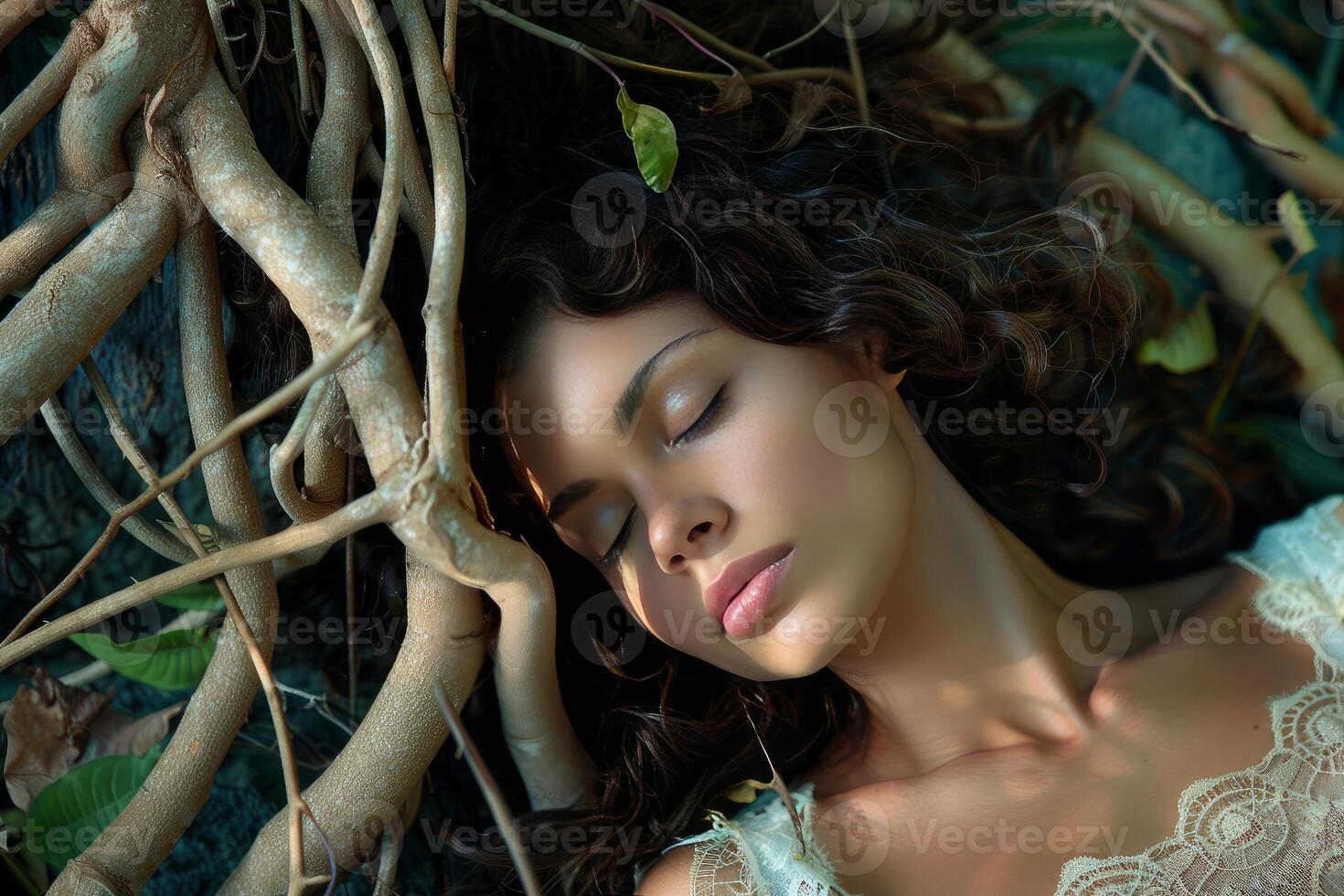 Beautiful model sleeping peacefully under tree roots photo