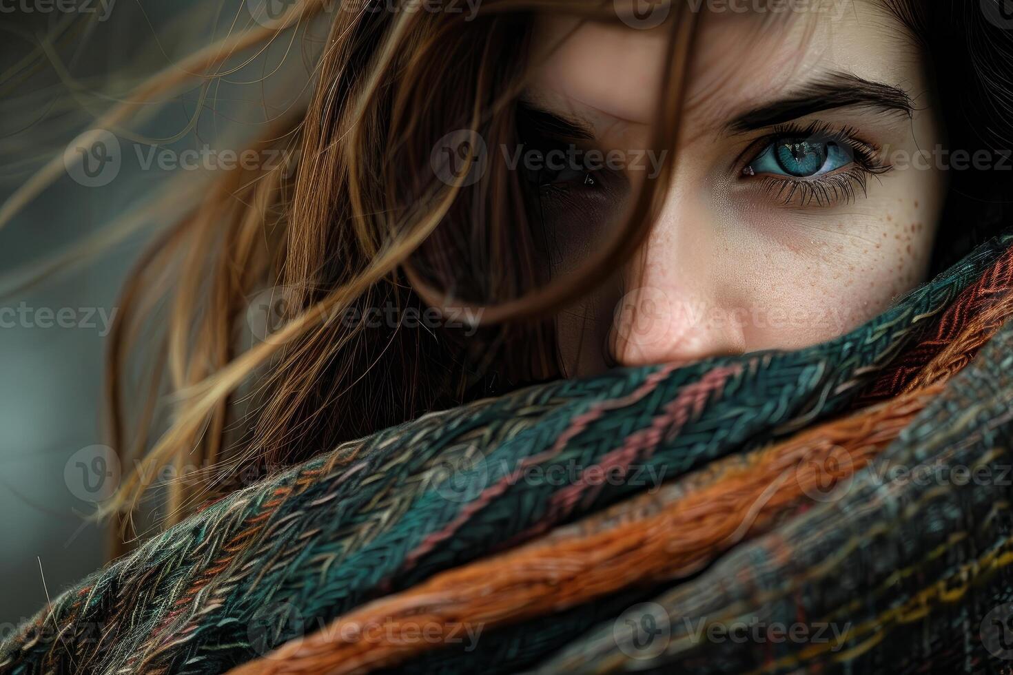Portrait of young caucasian woman with blue eyes and freckles hiding behind scarf in the wind photo