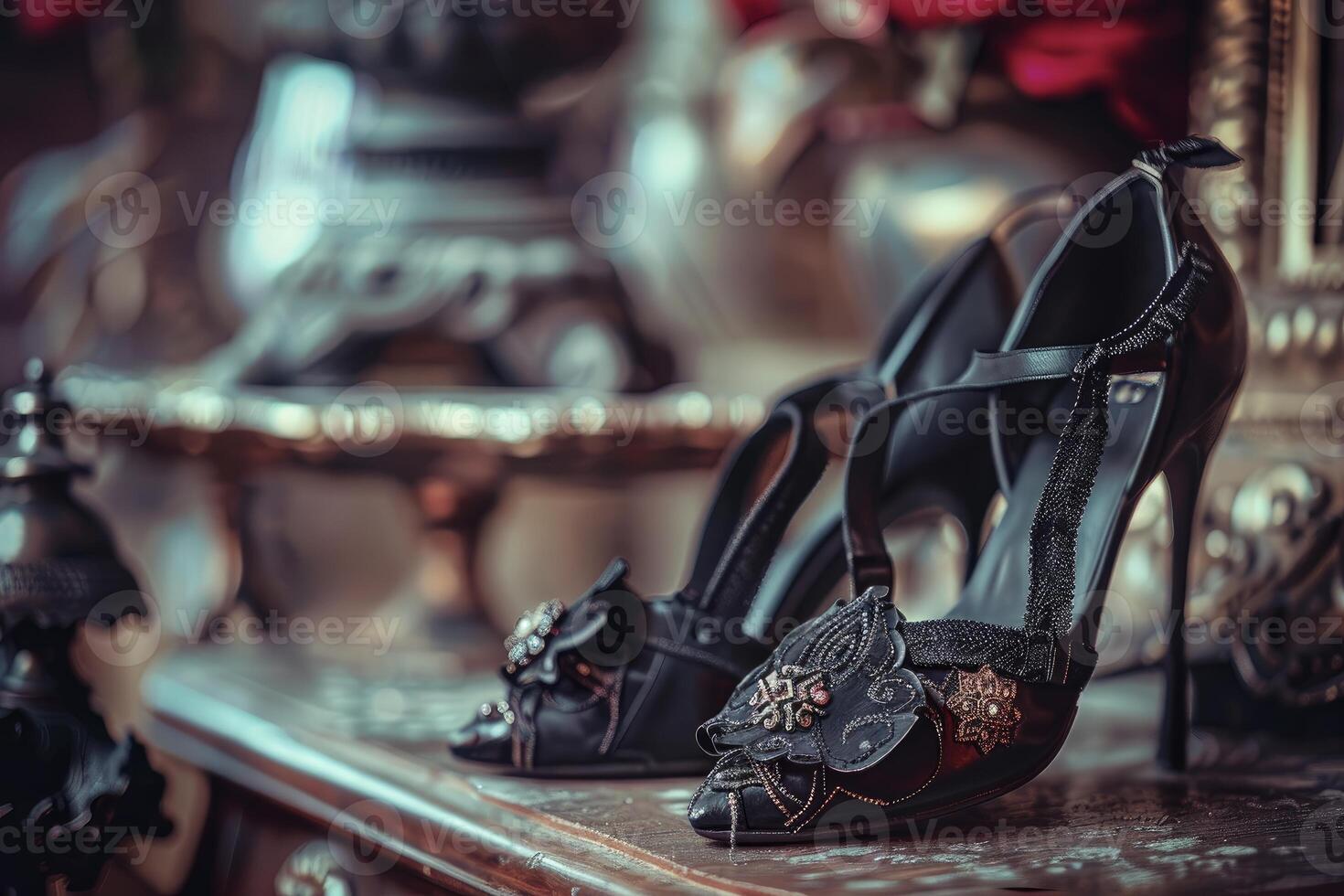 Elegant black high heels resting on wooden surface with silver tray in background photo