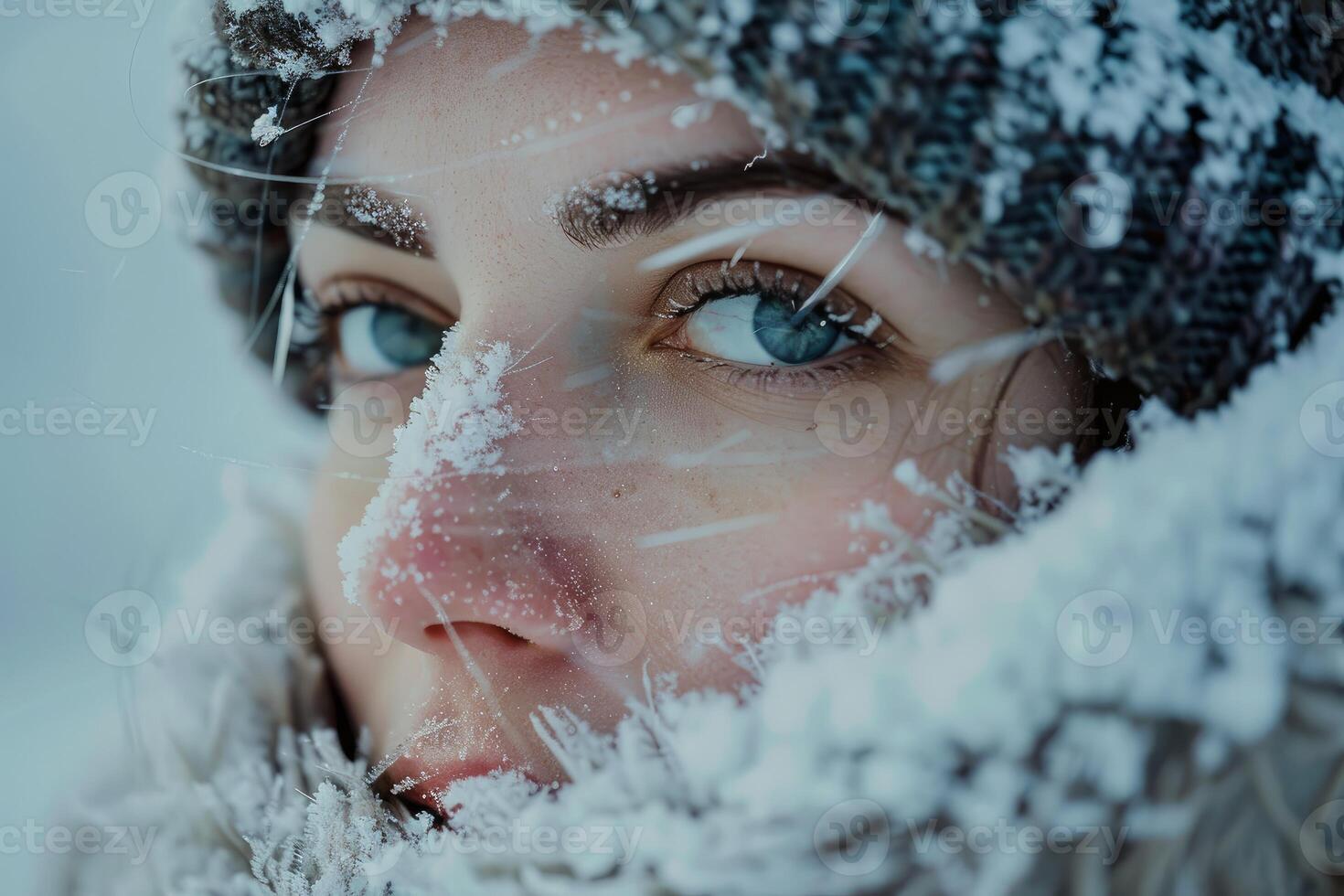 Woman enduring extreme cold weather with frozen eyelashes and snow on her face photo