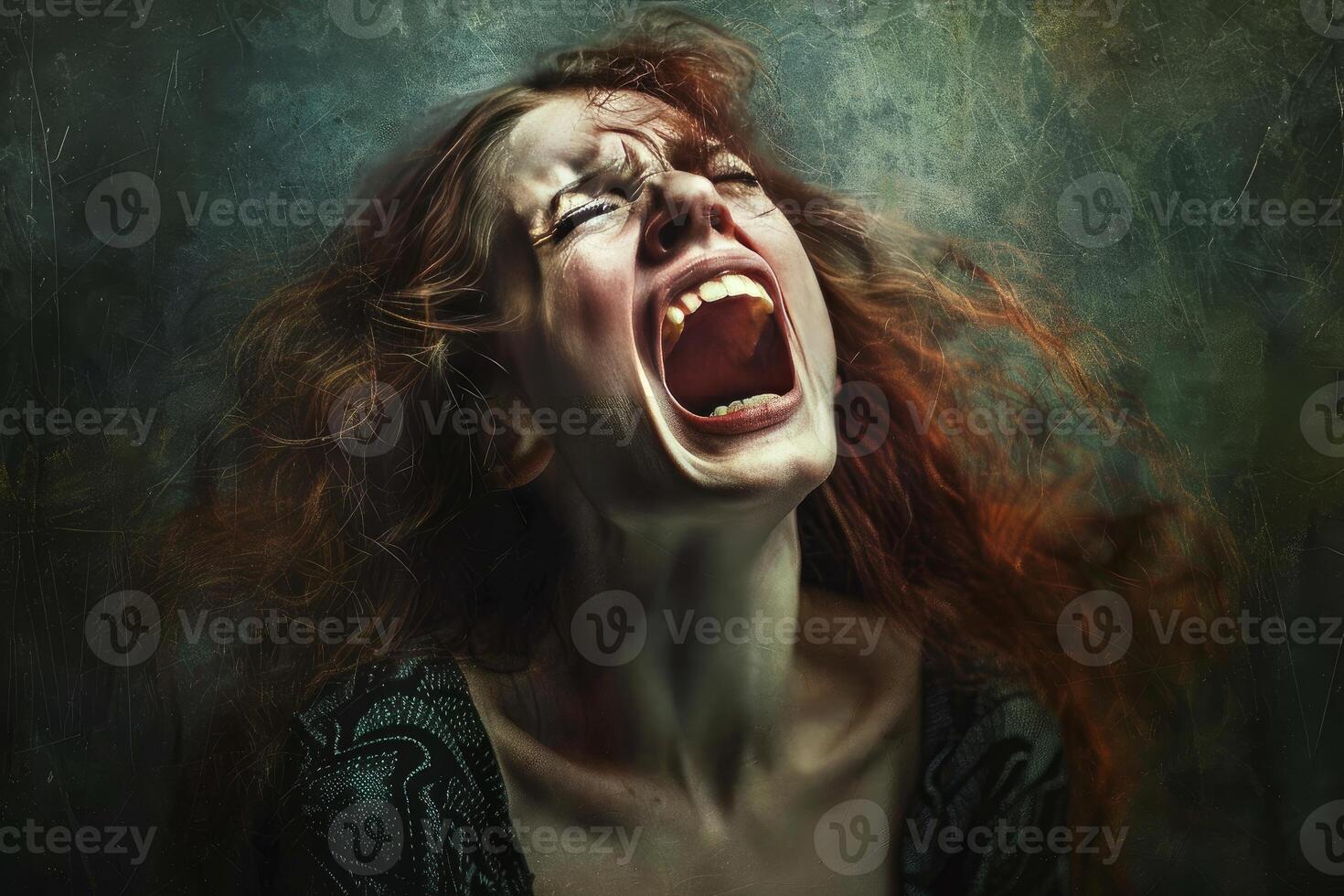 Screaming redhead woman with open mouth expressing negative emotions photo