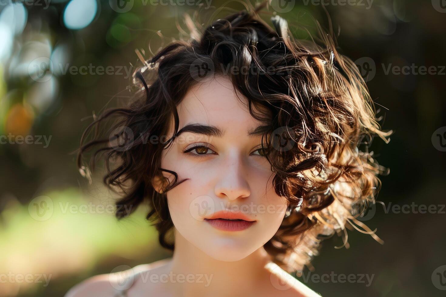 Beautiful young woman with curly hair enjoys sunlight in nature photo