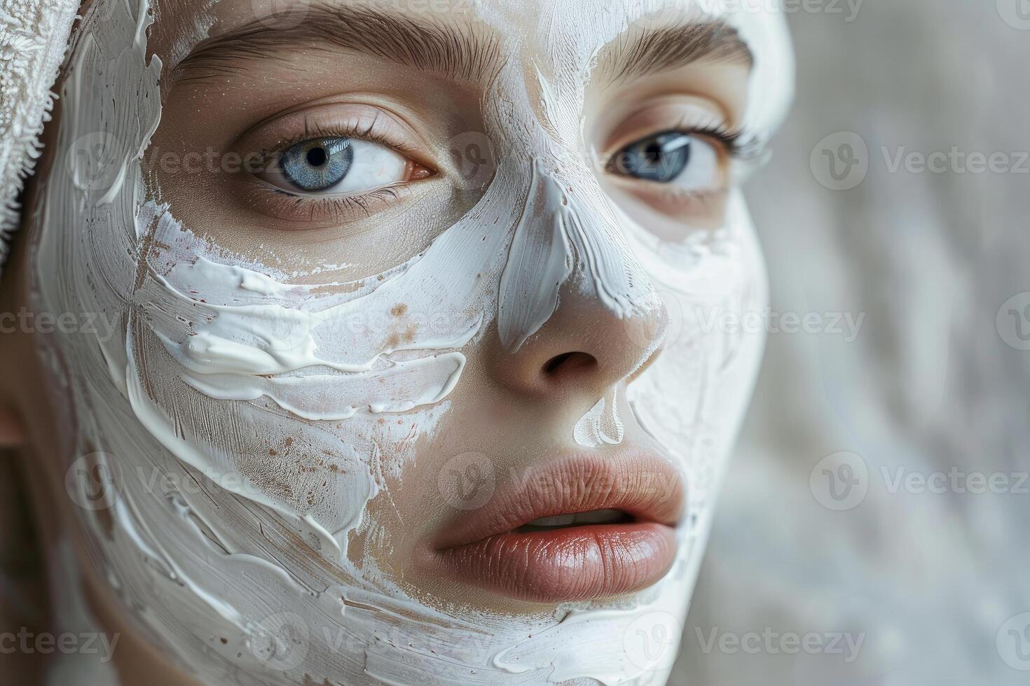 Woman applying cosmetic white clay mask on face for skin care photo