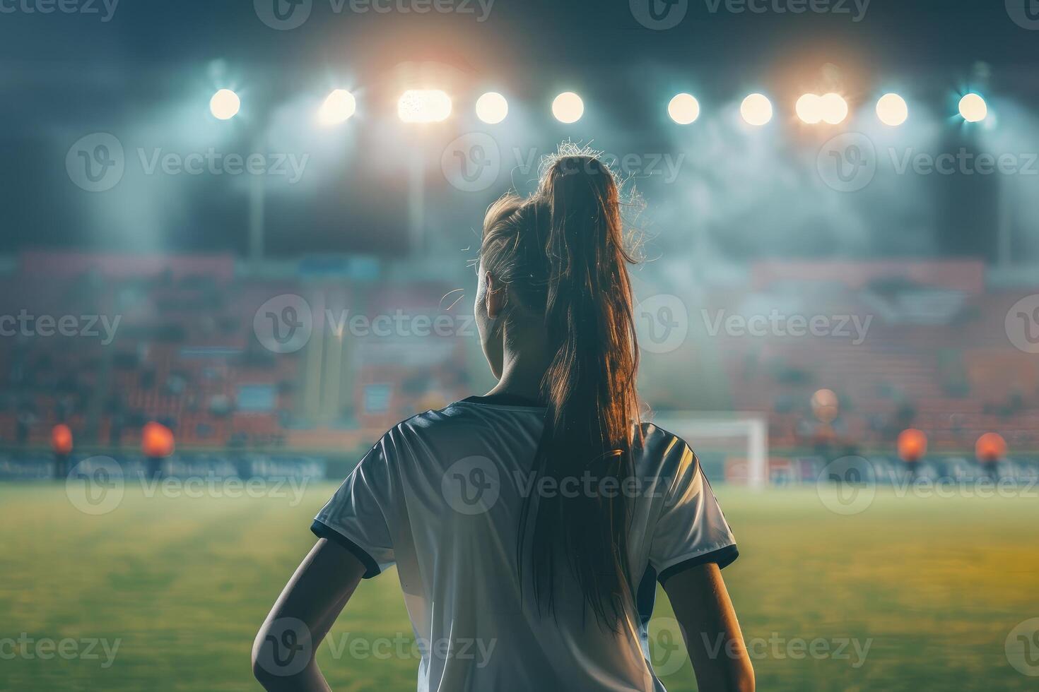 Female soccer player watching a match under stadium lights photo