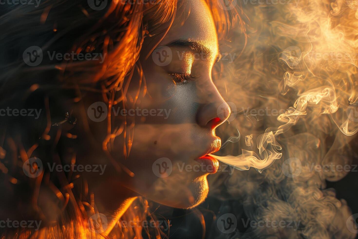 Redhead woman smoking at sunset with curly hair photo