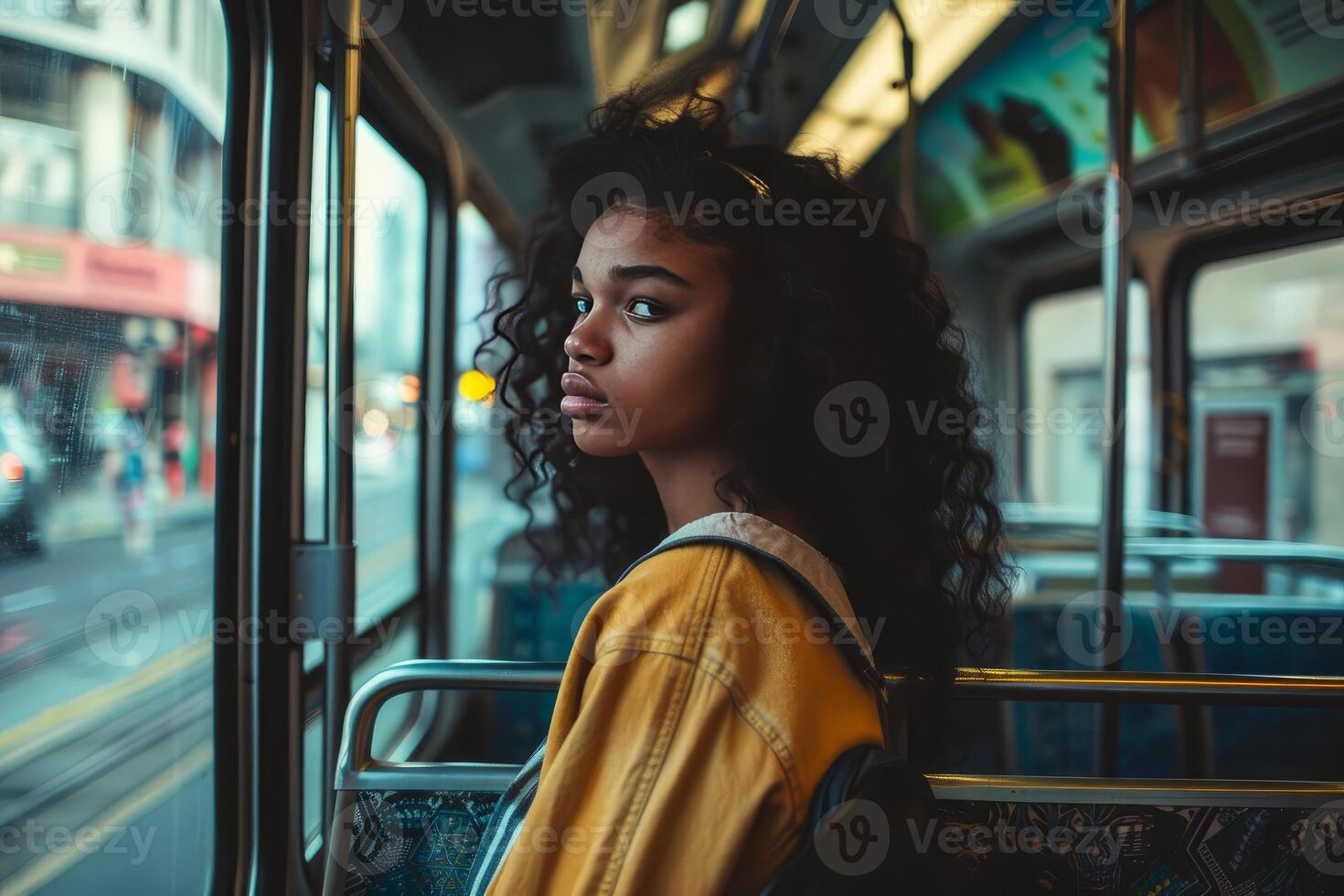 Young woman riding public transport looking out window photo